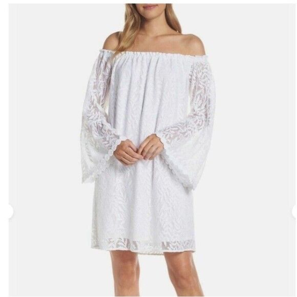 Lilly Pulitzer Nevie Dress White Swirling Leaf Off Shoulder Dress Resort - Picture 3 of 14
